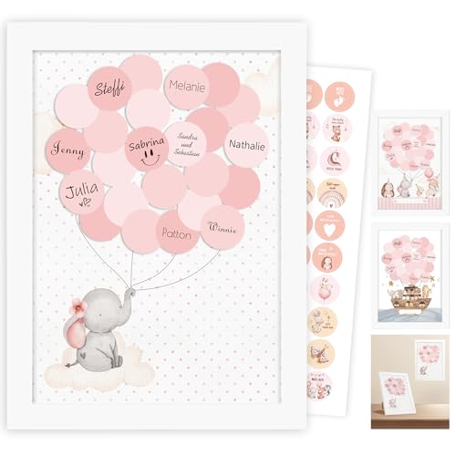 Gästebuch Taufe, Babyparty Gästebuch, Baby Shower Deko, Geschenk Mädchen, Babyparty Gender Reveal Party, Baby Taufbuch Mädchen, Elefanten Gästebild, Hochwertiger Weißem Holzrahmen, Aufklebe (Rosa) von Legezon