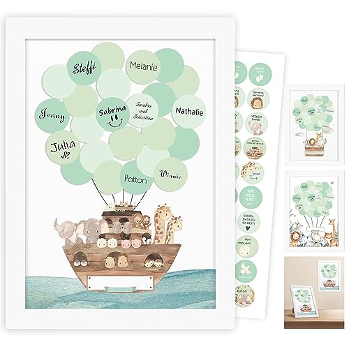 Gästebuch Babyparty, Taufgeschenke für Mädchen Junge, für Baby Shower Deko Girl Boy Taufe Babyparty Spiele Gender Reveal Party Geburtstag, Weißem Holzrahmen, Arche Noah Gästebild, Dekoration Aufklebe von Legezon