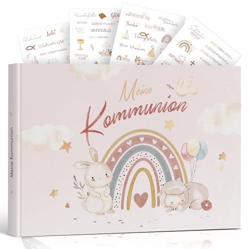 Legezon Kommunion Erinnerungsalbum Kommunion Geschenk zur Erstkommunion Junge & Mädchen Gästebuch Kommunion Inclusive Aufkleber Kommunion 72 Seiten (Niedlich Regenbogen) von Legezon
