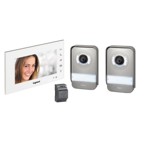 LEGRAND, EASYKIT Wi-Fi Video-Türsprechanlagen-Set mit 2-Draht-Anschluss, 2x Außenstellen & eine Innenstelle, Reiheneinbaunetzgerät, IP54-IK07, Farbe: weiß, 360915 + 369339 von Legrand
