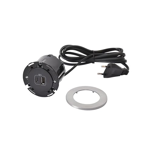 LEGRAND, Incara Disq 60, USB A+C Ladesteckdose, Tischsteckdose, Einbausteckdose, Mehrfachladegerät, 15 Watt, 2m Kabellänge, 2P+E Stecker, Farbe: Schwarz/Metall, 654732 von Legrand