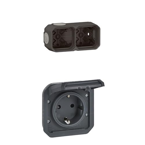 LEGRAND, Plexo New Feuchtraum Aufputzdose 2-fach, horiz./vert. installierbar, Anthrazit, 069602L+2x Plexo New Einsatz, Schraubklemmen, Feuchtraum-Steckdose, IP44 - IK08, Anthrazit, 069839L von Legrand
