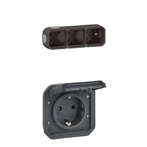 LEGRAND, Plexo New Feuchtraum Aufputzdose 3-fach, horiz./vert. installierbar, Anthrazit, 069603L+3x Plexo New Einsatz, Schraubklemmen, Feuchtraum-Steckdose, IP44 - IK08, Anthrazit, 069839L von Legrand
