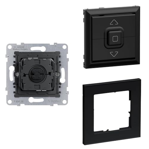 LEGRAND, SEANO+ Set, Rollladen-/Jalousieschalter-Einsatz, 3 Tasten-System, mechanische Verriegelung, 0,5 Sek Umschaltzeit & Wippe & 1-fach Rahmen, Halogenfrei, Schwarz, 765029 & 765329 & 765381 von Legrand