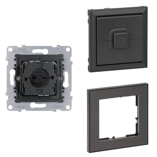 LEGRAND, SEANO+ Set, Rollladen-/Jalousietaster-Einsatz, 3 Tasten-System & Wippe, Farbe: Anthrazit & 1-fach Rahmen mit Echtmaterialoberfläche in Dark Steel, 765030 & 765429 & 765491 von Legrand