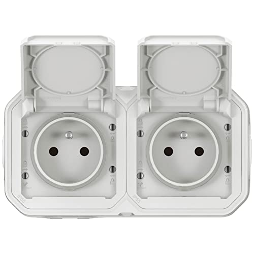 LEGRAND Wasserdichte Doppelsteckdose IP55 mit Erde Plexo – Steckdose 2P + T 16 A komplett mit Klappe – für Aufputzmontage – horizontale Montage – hergestellt in Frankreich – Weiß von Legrand