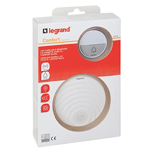 LEGRAND, Funkklingel-Set Komfort 230V mit wasserdichtem Klingeltaster (IP44) batteriebetrieben, 1x Gong mit Plug-in für Steckdosen, 15 Melodien, 1x Klingeltaster 100m Reichweite , 094254 von Legrand