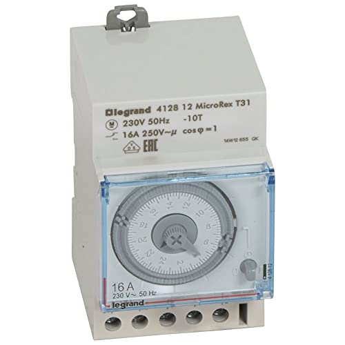 Legrand, programmierbare Zeitschaltuhr MicroRex T31, analog, mechanisch mit 24 Stunden-Programm,ON-AUTO-OFF-Schalter, Reiheneinbau-Zeitschaltuhr für Hutschiene,3-modulig, 230 V, 50 Hz,412812, 8x5x2 cm von Legrand