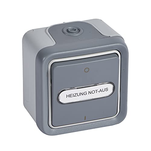 LEGRAND, Plexo Classic Feuchtraum-Aufputz-Wippschalter, Kontroll/ beleuchtet, Ausschalter, 2-polig, Beschriftungsfeld "Heizung NOT-AUS", inkl. Glühlampe, 10 A/250 V, IP55 - IK07, grau, 069726 von Legrand
