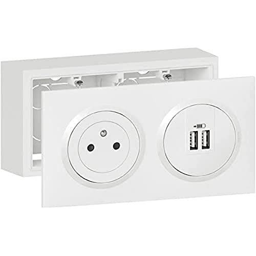 Legrand - Set Steckdose Surface + Ladegerät 2 USB Typ A Dooxie 3A vorverdrahtet mit Rahmen Aufputz, weiß von Legrand