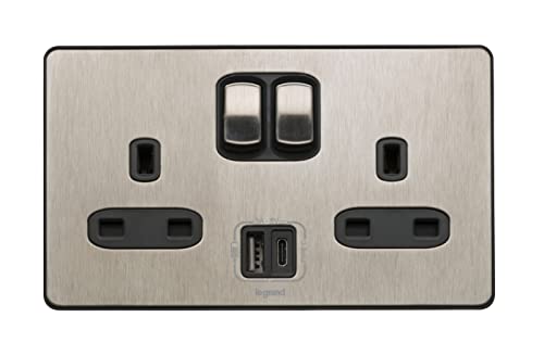 Legrand Synergy Sleek Design 832079 geschaltete USB-Steckdose, 2-fach, einpolig, USB Typ-A, 2,4 A, 5 V DC, 12 W, Edelstahl gebürstet von Legrand