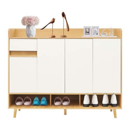 Schuhschrank Mit Schublade Moderner Aufbewahrungsorganizer FüR Schuhe Stiefel Und Accessoires Eingangsbereich Verstellbare EinlegeböDen Ebene Staubdicht FeuchtigkeitsbestäNdig (Rotbraun + Warmweiß) von Legwfdthy
