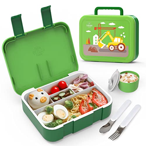 Lehoo Castle Lunchbox Kinder, Brotdose Kinder, 1250ml Bento Box Kinder, mit Gabel und Löffel, Brotdose Kinder Mit Fächern 5 Fächer und Saucenbox, Auslaufsicher, BPA Frei(Bagger) von Lehoo Castle