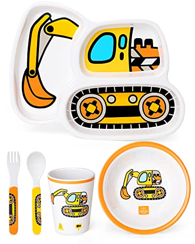 Lehoo Castle Kindergeschirr, Kindergeschirr Set inklusive Kinderteller, Becher, Schälchen, Löffel, Gabeln, Melamin Geschirr BPA-frei, für Spülmaschine (Bagger) von Lehoo Castle