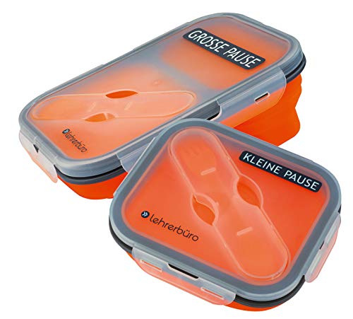 lehrerbüro Quetschi Lunchbox-Set, Kleine & Große Pause, Faltbare Silikon Brotdosen mit Besteck, platzsparend, luftdicht, schönes Geschenk für Lehrer, BPA-frei, mikrowellengeeignet, 650 + 350 ml von lehrerbüro