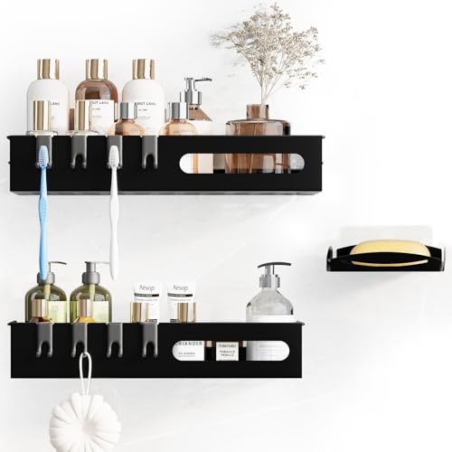 Lehuveky Duschablage ohne Bohren - 3 Stück Schwarz Duschregal - Rostfrei Badezimmer Regal mit Seifenhalter - Große Badregal Shampoo Halterung für Dusche (C Black) von Lehuveky
