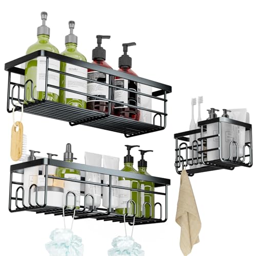Lehuveky Duschablage ohne Bohren - 3 Stück Schwarz Duschregal - Rostfrei Badezimmer Regal mit Zahnbürstenhalter - Große Badregal Shampoo Halterung für Dusch von Lehuveky