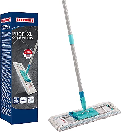 Leifheit rückenschonender Bodenwischer Profi XL Cotton Plus, Stahlstiel 146cm, Wischmopp mit Fußklick, für Fliesen- UMD Steinböden, 360° Drehgelenk, Click-System, umweltfreundlicher Karton von Leifheit