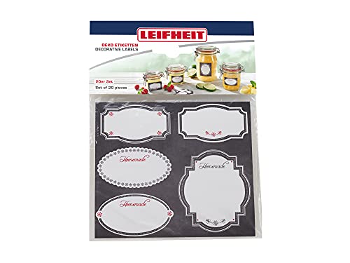 Leifheit Deko Etiketten Schwarz-Weiß, 20 Selbstklebende Etiketten in 2 verschiedenen Formaten für große und kleine Gläser, zum Beschriften, dekorative Aufkleber für Selbstgemachtes und Eingemachtes von Leifheit