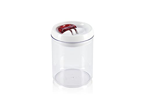 Leifheit Fresh and Easy Vorratsbehälter 1, 4 L, rund, luft- und wasserdichte Vorratsdose mit patentierter Einhand-Bedienung, Frischhaltedose, stapelbare Aufbewahrungsboxen, transparent, rot von Leifheit