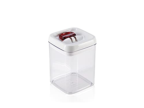 Leifheit Fresh and Easy Vorratsbehälter 1, 6L, eckig, luft- und wasserdichte Vorratsdose mit patentierter Einhand-Bedienung, Frischhaltedose, stapelbare Aufbewahrungsboxen, transparent, rot von Leifheit