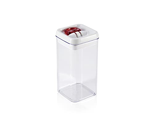 Leifheit Fresh and Easy Vorratsbehälter 1200 ml, eckig, luft- und wasserdichte Vorratsdose mit patentierter Einhand-Bedienung, Frischhaltedose, stapelbare Aufbewahrungsboxen, transparent, rot von Leifheit