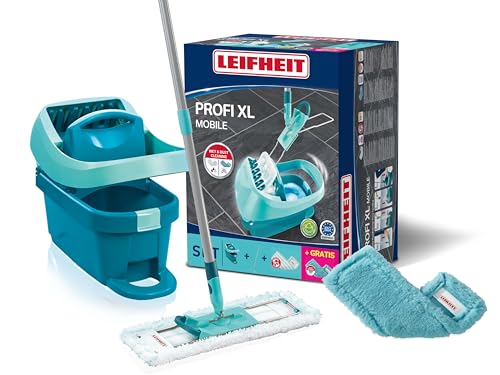 Leifheit Set Wischtuchpresse Profi XL mit Bodenwischer 146cm und Rollen, 1x Mikrofaser Bezug für alle glatten Böden & 1x elektrostatisches Staubtuch, Putzen ohne Bücken wie handgewrungen, Click-System von Leifheit