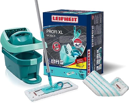 Leifheit Set Wischtuchpresse Profi XL mit Bodenwischer und Rollen inkl. Ersatzbezug Profi micro duo aus Mikrofaser, saugfähig und reinigungsstark, Set zum Putzen ohne Bücken mit Click-System von Leifheit