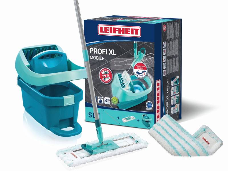Leifheit Wischmopp Set Wischtuchpresse Profi XL Mobile mit 2x Ersatzbezug micro duo, Waschbarer Bezug, Wischbreite 42cm, mit Rollen, 360° Drehgelenk von Leifheit