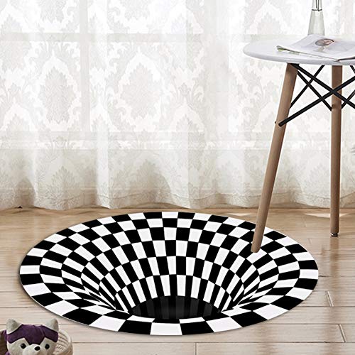 Leikance Runder Teppich, schwarz-weißes Gitter, 3D-Illusion, Vortex, Schlafzimmer, rutschfeste Bodenmatten, Polyester, schwarz-weiß, 120*120cm von Leikance