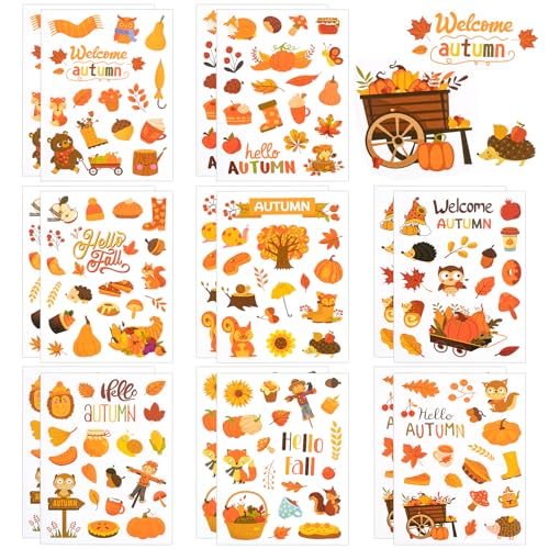 16 Blätter Herbst Aufkleber, Herbstdeko Aufkleber mit Kürbis Ahornblatt Igel Mustern, Kinder Sticker für Scrapbooking und Karte zum Basteln, Deko für Erntedankfest und Herbstfest von Leikedun