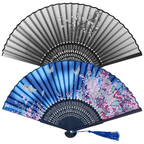 2 Stück Handfächer Faltbare Fächer, Klein Handfächer aus Stoff für eine Abkühlung im Sommer, Chinesische Fächer Taschenfächer Klappfächer für Hochzeite Bevorzugung Aufführung Tanz Dekoration von Leikedun