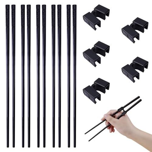 Leikedun 5-Paar Fiberglas Essstäbchen und Essstäbchen Trainer Helfer, Spülmaschinenfest, Rutschfeste, Schwarz, Sushi Chopsticks Aus Legierung(24cm), für Erwachsene und Kinder von Leikedun