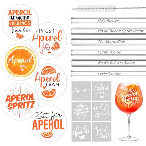 18er Aperol Spritz Geschenkset – 6x runde Untersetzer (10cm), 6x Glasstrohhalme (20cm) & 6x Rub On Sticker, Holy Aperoli Deko für Cocktails, Mottoparty & Aperol-Fans von Leikedun