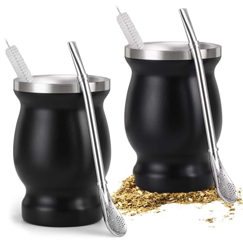 2 Stück Mate Becher, Mate Tee Becher Set mit Löffel und Reinigungsbürste, Edelstahl MateTee Set, Yerba Mate Tee Cup Set Dishwasher Safe and Durable für Küche, Café, Restaurant (Schwarz) von Leikurvo