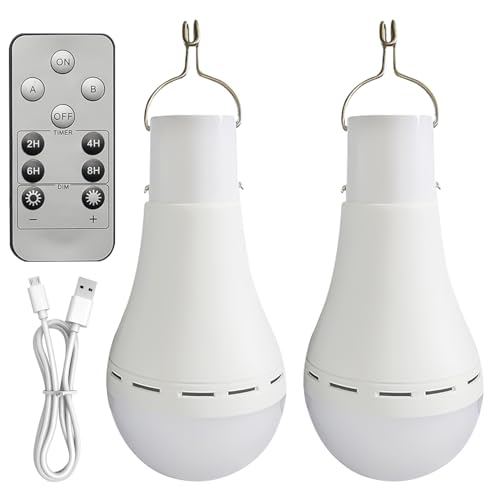 2 Stück USB Aufladbare Glühbirne, 12W LED Akku Glühbirne mit Haken und Fernbedienung, 3 Modi LED Glühbirnen Batteriebetrieben, Campinglampe Notlicht, Geeignet für Stromausfall im Haus oder im Freien von Leikurvo