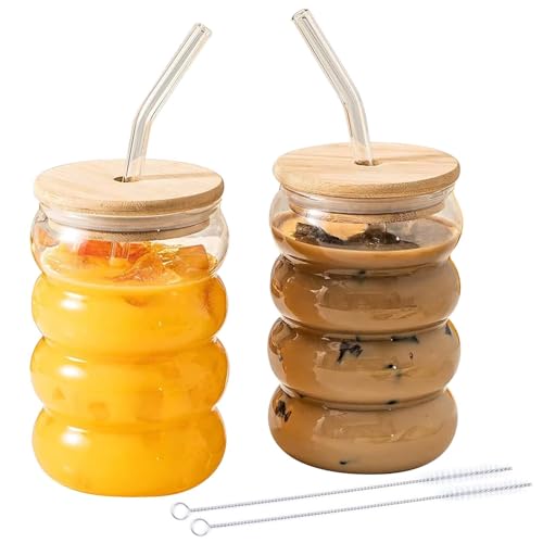 2er Set Bubble Tea Becher, Latte Macchiato Gläser Set, 300ml Trinkgläser mit 2 Deckel, 2 Strohhalm und 1 Bürste, Glasbecher mit Deckel, Eiskaffee Gläser für Ice Coffee, Cocktail, Smoothie Glas, Beer von Leikurvo