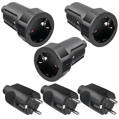 3 Paar Schuko Stecker Kupplung, 250V 16A IP44 Schutzkontakt Stecker, Gummi Schukokupplung Set mit Knickschutz, 2-polig, Aussen Wasserdicht Schwarz Schukostecker und Gummikupplung ohne Kabel 3 Paar Schuko Stecker Kupplung, 250V 16A IP44 Schutzkontakt Stecker, Gummi Schukokupplung Set mit Knickschutz, 2-polig, Aussen Wasserdicht Schwarz Schukostecker und Gummikupplung ohne Kabel von Leikurvo