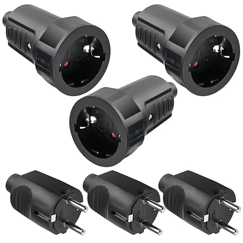 3 Paar Schuko Stecker Kupplung, 250V 16A IP44 Schutzkontakt Stecker, Gummi Schukokupplung Set mit Knickschutz, 2-polig, Aussen Wasserdicht Schwarz Schukostecker und Gummikupplung ohne Kabel von Leikurvo