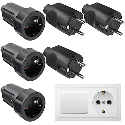 3 Paar Schuko Stecker Kupplung: 250V 16A IP44 Schutzkontakt Stecker, Gummi Schukokupplung Set mit Knickschutz, 2-polig, Aussen Wasserdicht Schwarz Schukostecker und Gummikupplung ohne Kabel von Leikurvo