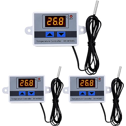 3 Stück Digitaler Temperaturregler, XH-W3001 Digital Thermostat mit Fühler Wasserdichter Sonde AC110V-220V Temperaturschalter LCD Display, Heizung und Kühlung von Leikurvo