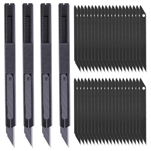 4 Stück Cuttermesser Set, Cuttermesser 9mm Profi Cuttermesser Tragbares Einziehbares Cuttermesser mit 40PCS 30°Abbrechklingen aus SK5 Legierter Stahl für Folien, Papier, Basteln (Schwarz) von Leikurvo