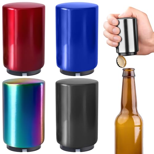 4 Stück Flaschenöffner Premium Push & Pull, Bier Flaschenöffner Set Bieröffner in Edelstahl-Optik, Automatischer Bottle Opener für Männer Geschenkidee Valentinstag Geburtstag Party Festival von Leikurvo
