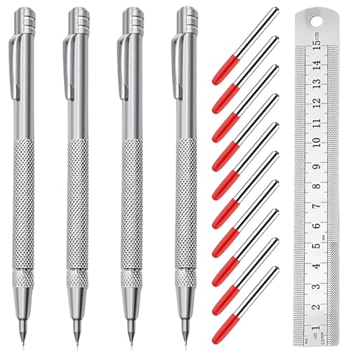 4 Stück Wolframcarbid Stift, Anreissnadel Metall Scriber Stift mit 10 Ersatz Red Hat Markierspitzen und Stahllineal Anreißwerkzeuge Anreißnadel Hartmetall mit Magnet für Glas Keramik Gehärteten Stahl von Leikurvo