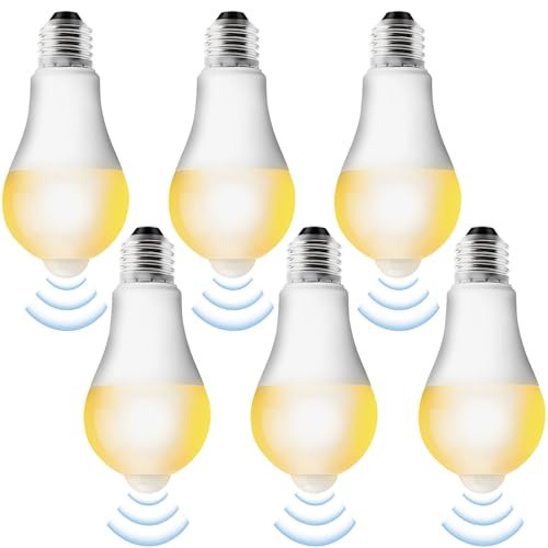 6 Stück E27 LED Glühbirne mit Bewegungsmelder: LED Birne mit PIR Bewegungsmelder E27 LED Lampe 12W Warmweiß 3000K Lichtsensor Energiesparlampe E27 für Flur, Garage, Treppe, Balkon von Leikurvo