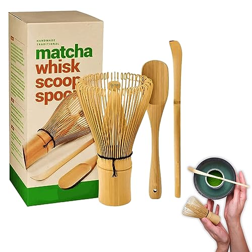 Bambus Matcha Besen und Löffel Set: Matcha Whisk Natural Bamboo Tea Whisk(Chasen) mit 2 Teelöffel(Chashaku), handgefertigter Bambusbesen Matcha-Schneebesen Geschenk für vollendete Tee-Zeremonie von Leikurvo