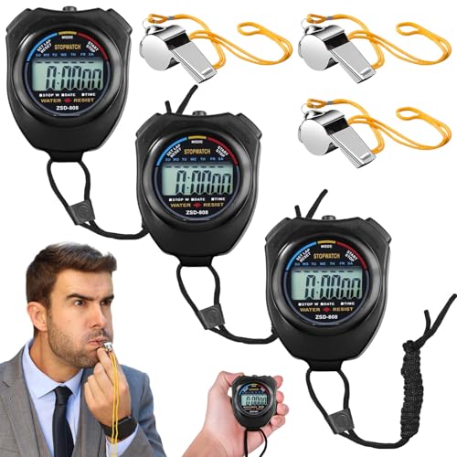 Digital Sport Stoppuhr Timer, 3 Stück Digitale wasserdichte Stoppuhr mit 3 Edelstahl Pfeife, Sport Stoppuhr Großem Display, Chronograph Wecker für Training Trainer Fitness Laufen (Schwarz) von Leikurvo