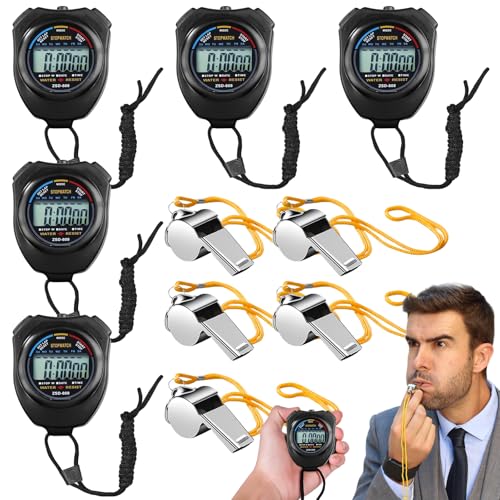 Digital Sport Stoppuhr Timer, 5 Stück Digitale wasserdichte Stoppuhr mit 5 Edelstahl Pfeife, Sport Stoppuhr Großem Display, Chronograph Wecker für Training Trainer Fitness Laufen (Schwarz) von Leikurvo