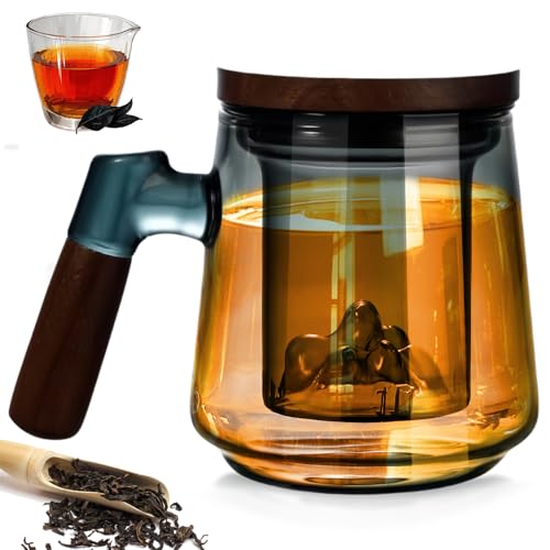 Glas-Teetasse mit Deckel und Sieb, 500 ml Teetassen mit Holzgriff, Große Teebecher aus Borosilikatglas Teegläser für losen Tee Blütentee Teeliebhaber Tee Geschenke für Teeliebhaber(Rauchgrau) von Leikurvo