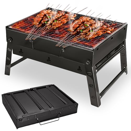 Holzkohlegrill, Camping Grill Klappbar Klein 35 x 27 x 20 cm, Tragbarer Grill Edelstahl Camping, Tragbarer Outdoor Grill, für Picknick, Terrasse, Camping, Reisen Outdoor Garten Party usw von Leikurvo